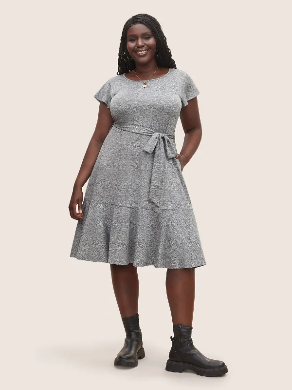 Midi dresses with asymmetric hems for a fashion - forward and dynamic appearance Solid Patchwork Ruffle Cap Sleeve Belted Dress Midi dresses with asymmetric hems for a fashion - forward and dynamic appearance Solid Patchwork Ruffle Cap Sleeve Belted Dress