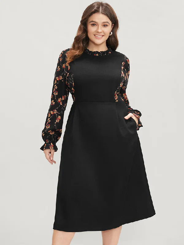 Midi dresses with ruffled bodices for a more pronounced feminine look Floral Patchwork Ruffle Trim Pocket Zipper Dress Midi dresses with ruffled bodices for a more pronounced feminine look Floral Patchwork Ruffle Trim Pocket Zipper Dress