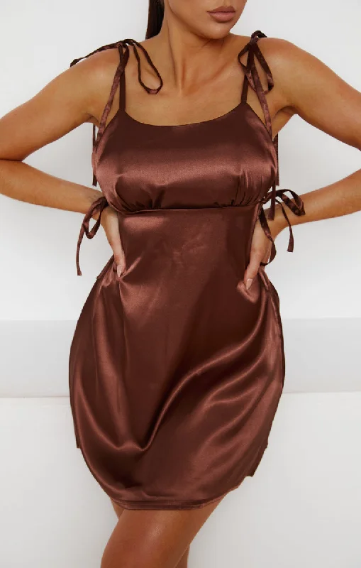 Metallic mini dresses for a glamorous event Chocolate Satin Ruched Bust Tie Detail Mini Dress - Azaria Metallic mini dresses for a glamorous event Chocolate Satin Ruched Bust Tie Detail Mini Dress - Azaria