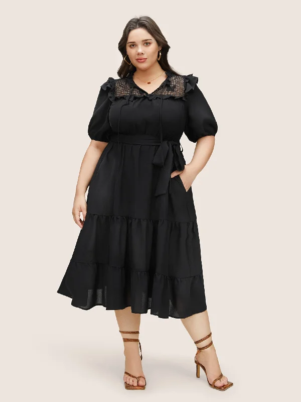 Midi dresses with gathered skirts for a full and flowing silhouette Butterfly Patchwork Tie Neck Ruffles Belted Dress Midi dresses with gathered skirts for a full and flowing silhouette Butterfly Patchwork Tie Neck Ruffles Belted Dress