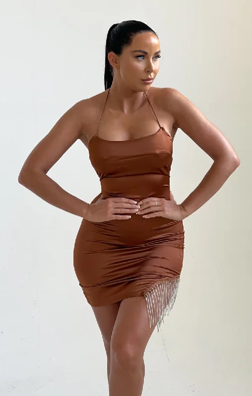 Mini dresses with cold - shoulder designs Chocolate Diamante Tassel Split Satin Mini Dress - Bia Mini dresses with cold - shoulder designs Chocolate Diamante Tassel Split Satin Mini Dress - Bia