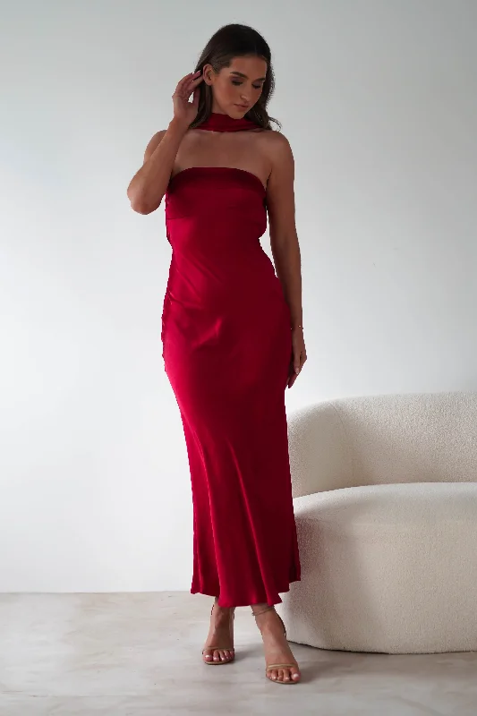 Midi dresses with pom - pom trims for a playful and festive look Alice Soft Satin Maxi Dress | Dark Red Midi dresses with pom - pom trims for a playful and festive look Alice Soft Satin Maxi Dress | Dark Red
