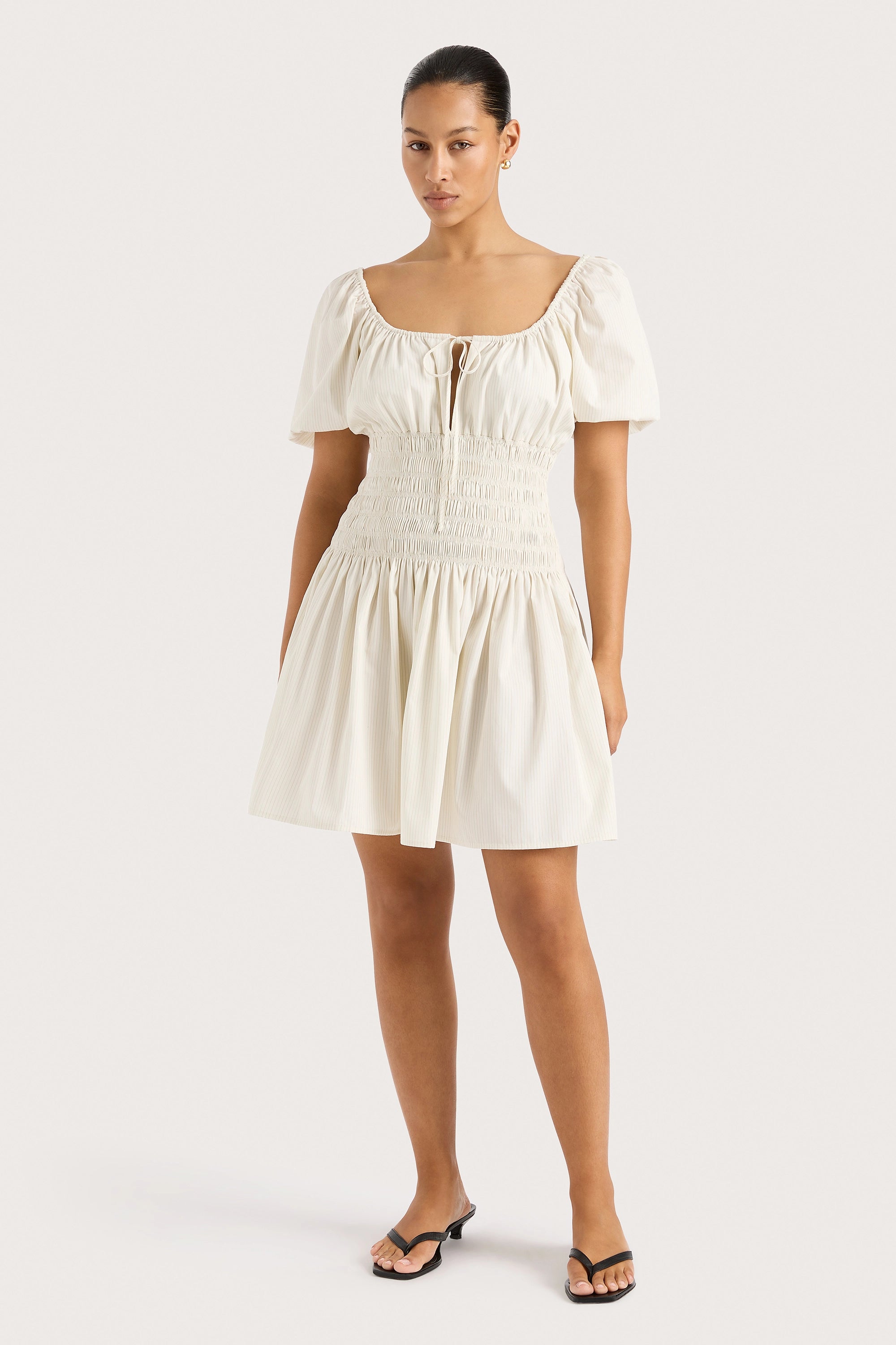 Denim mini dresses with distressed details Aya Mini Dress Cream Pinstripe
