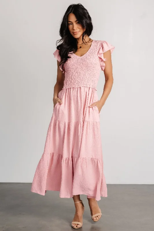 Midi dresses with ribbed textures for a unique and tactile appearance Afton Smocked Tiered Dress | Vintage Blush Midi dresses with ribbed textures for a unique and tactile appearance Afton Smocked Tiered Dress | Vintage Blush
