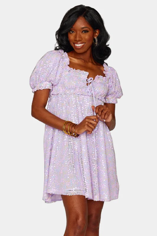 Mini dresses with gathered skirts for a voluminous effect Jac Puff Sleeve Short Dress - Lavender Mini dresses with gathered skirts for a voluminous effect Jac Puff Sleeve Short Dress - Lavender