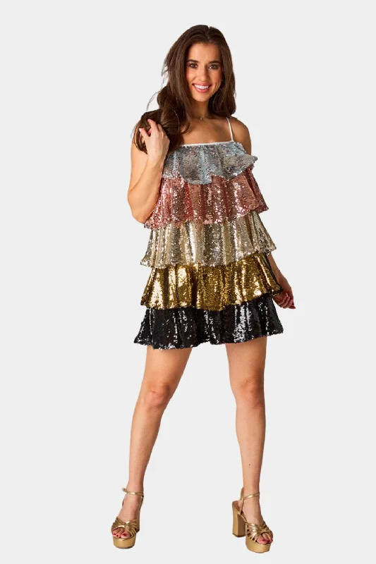 Leather mini dresses for a edgy style Disco Tiered Sequin Short Dress - Glamour