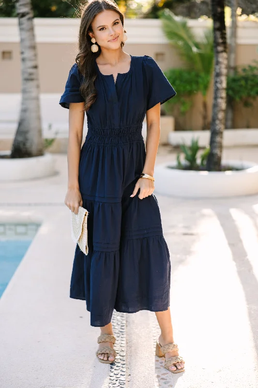 Midi dresses with satin - finish fabrics for a luxurious feel It's In The Air Navy Blue Tiered Midi Dress Midi dresses with satin - finish fabrics for a luxurious feel It's In The Air Navy Blue Tiered Midi Dress