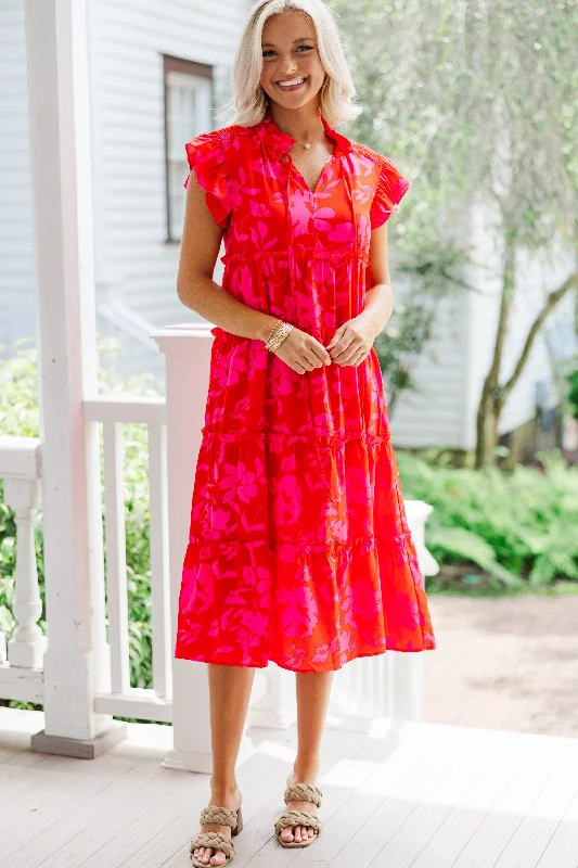 Midi dresses with ruffled sleeves for a more feminine and voluminous look Show You Off Red Floral Midi Dress