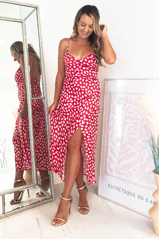 Midi dresses with mesh inserts for a trendy and breathable option Billy Printed Satin Midi Dress | Red Midi dresses with mesh inserts for a trendy and breathable option Billy Printed Satin Midi Dress | Red