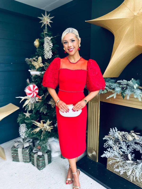 Midi dresses with lace - up fronts for a unique and adjustable style Carol Crochet Sleeve Occasion Dress Red Midi dresses with lace - up fronts for a unique and adjustable style Carol Crochet Sleeve Occasion Dress Red