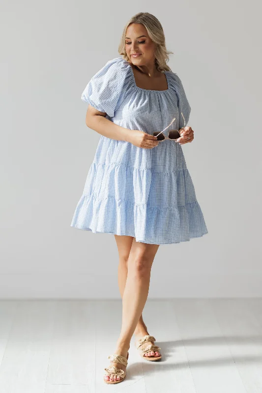 Plaid mini dresses for fall fashion Carolina Mini Dress - Off White/Sky