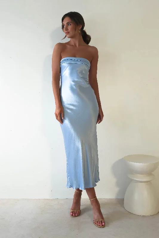 Midi dresses with belted waists to accentuate the figure Lucia Soft Satin Slip Midi Dress Blue Midi dresses with belted waists to accentuate the figure Lucia Soft Satin Slip Midi Dress Blue