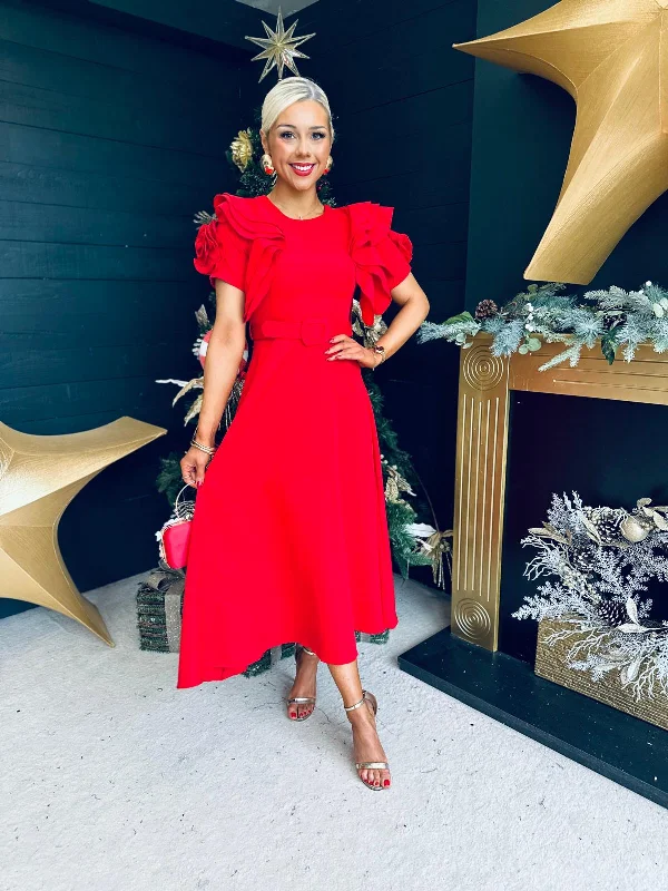 Maxi - inspired midi dresses with flowing fabrics for a beachy vibe Noelle Frill Detail Midi Dress Red Maxi - inspired midi dresses with flowing fabrics for a beachy vibe Noelle Frill Detail Midi Dress Red