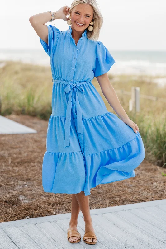 Midi dresses with fringe details for a fun and energetic style Tell It All Dusty Blue Button Down Midi Dress Midi dresses with fringe details for a fun and energetic style Tell It All Dusty Blue Button Down Midi Dress