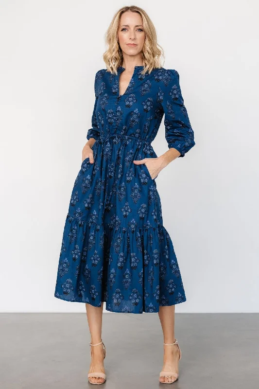 Midi dresses with pom - pom trims for a playful and festive look Mira Midi Dress | Deep Blue Print Midi dresses with pom - pom trims for a playful and festive look Mira Midi Dress | Deep Blue Print