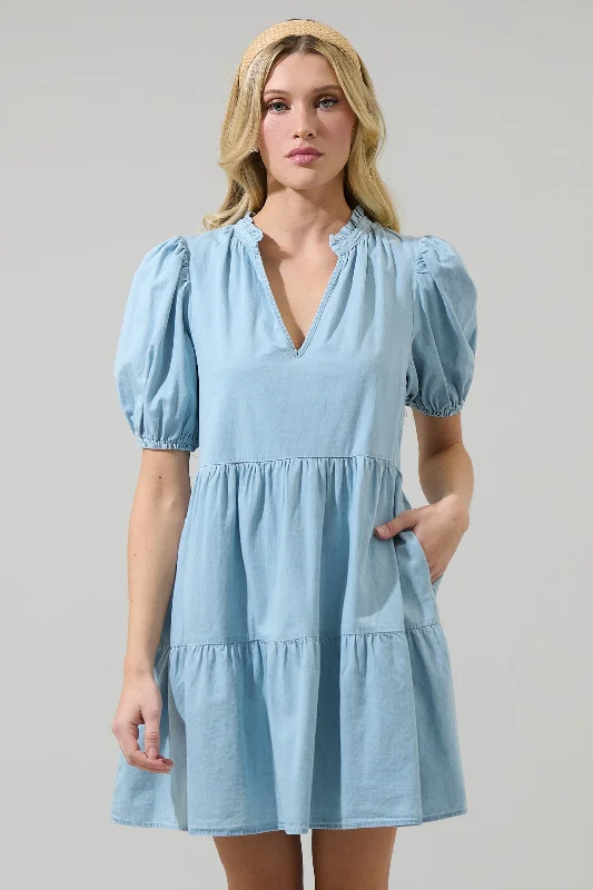 Mini dresses with wrap - around styles Haysville Jacey Babydoll Chambray Mini Dress