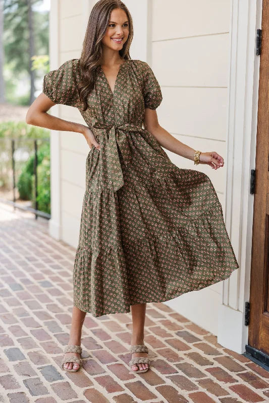 Midi dresses with abstract art prints for an artistic statement Pinch: Make Your Day Dark Olive Printed Midi Dress