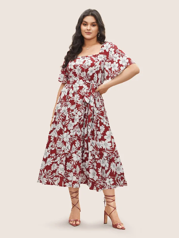 Sleeveless midi dresses with lace details for summer weddings Square Neck Floral Print Belted Gathered Dress Sleeveless midi dresses with lace details for summer weddings Square Neck Floral Print Belted Gathered Dress
