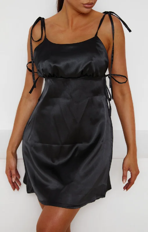 Polyester mini dresses for easy care Black Satin Ruched Bust Tie Detail Mini Dress - Azaria Polyester mini dresses for easy care Black Satin Ruched Bust Tie Detail Mini Dress - Azaria