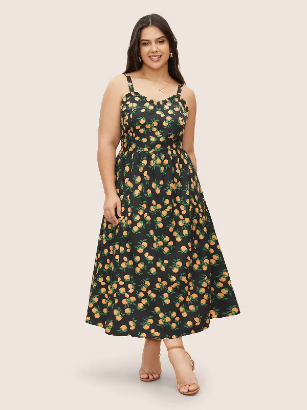 Sleeveless midi dresses with lace details for summer weddings Citrus Orange Print Pleated Frill Trim Cami Dress Sleeveless midi dresses with lace details for summer weddings Citrus Orange Print Pleated Frill Trim Cami Dress
