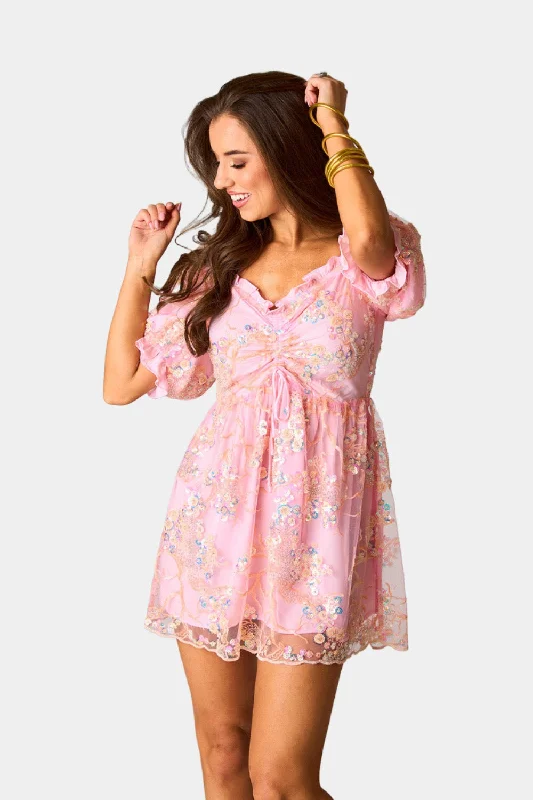 Mini dresses with pom - pom trims for a playful feel Colby Puff Sleeve Mini Dress - Peaches N Cream Mini dresses with pom - pom trims for a playful feel Colby Puff Sleeve Mini Dress - Peaches N Cream