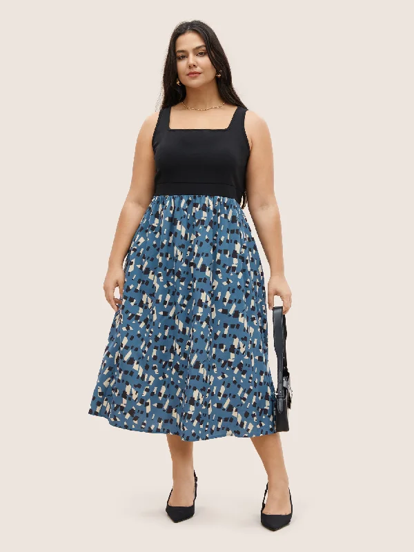 Midi dresses with button - down skirts for a unique and functional design Geometric Patchwork Square Neck Pocket Dress Midi dresses with button - down skirts for a unique and functional design Geometric Patchwork Square Neck Pocket Dress