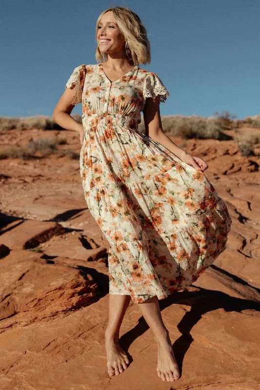 Midi dresses with puff sleeves for a vintage - inspired look Aliyah Midi Dress | Coral Floral Midi dresses with puff sleeves for a vintage - inspired look Aliyah Midi Dress | Coral Floral