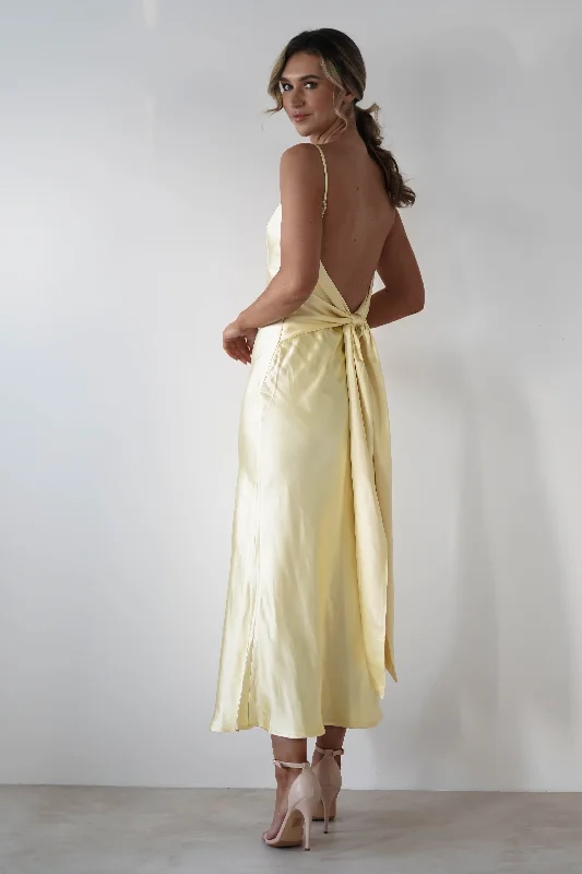 Midi dresses with ruched bodices for a feminine and fitted feel Hermie Silky Satin Maxi Dress | Lemon