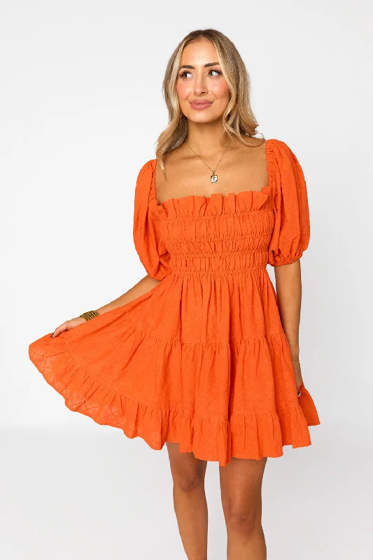 Mini dresses with side slits for a sexy appeal Spencer Puff Sleeve Mini Dress - Tangelo Mini dresses with side slits for a sexy appeal Spencer Puff Sleeve Mini Dress - Tangelo