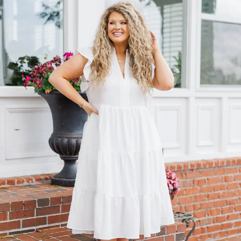 Midi dresses with wrap - around skirts for a customizable fit Don't Leave So Soon Midi Dress, White Midi dresses with wrap - around skirts for a customizable fit Don't Leave So Soon Midi Dress, White