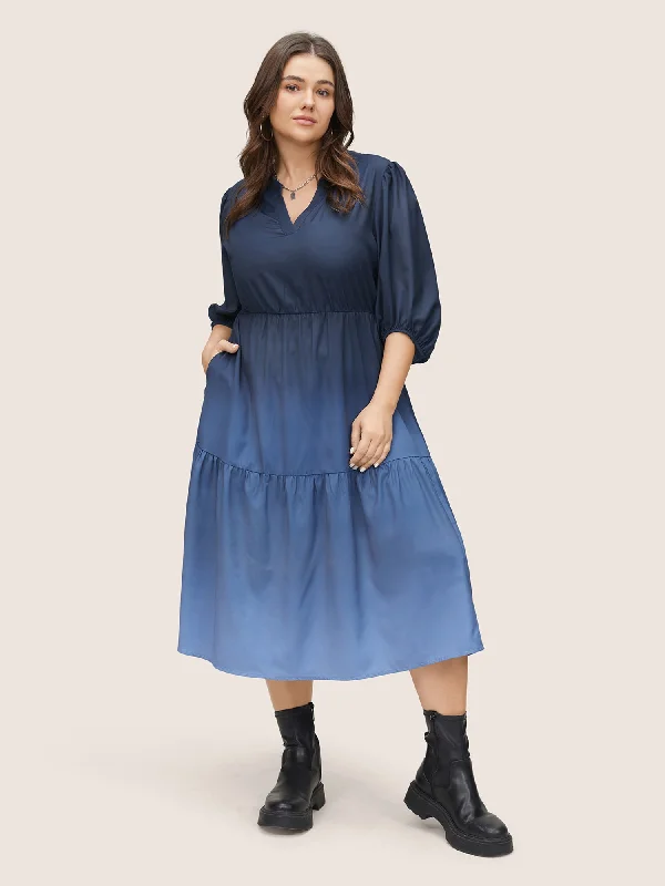 Midi dresses with ruched bodices for a feminine and fitted feel Ombre Gathered Layered Notched Elastic Cuffs Dress Midi dresses with ruched bodices for a feminine and fitted feel Ombre Gathered Layered Notched Elastic Cuffs Dress