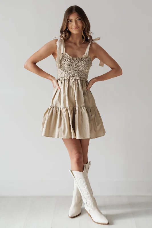 Mini dresses with pleated skirts for a classic look Iris Shoulder Tie Mini Dress - Khaki Mini dresses with pleated skirts for a classic look Iris Shoulder Tie Mini Dress - Khaki