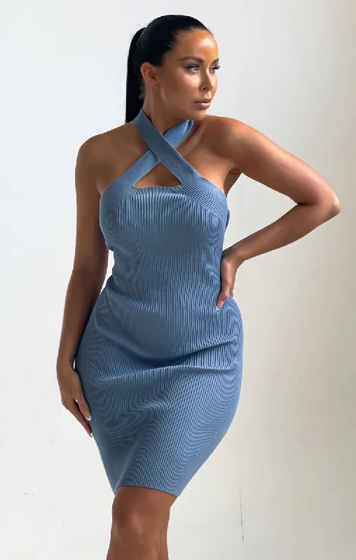 Mini dresses with pom - pom trims for a playful feel Dusky Blue Knitted Cut Out Crossover Halter Neck Bodycon Mini Dress - Elena Mini dresses with pom - pom trims for a playful feel Dusky Blue Knitted Cut Out Crossover Halter Neck Bodycon Mini Dress - Elena