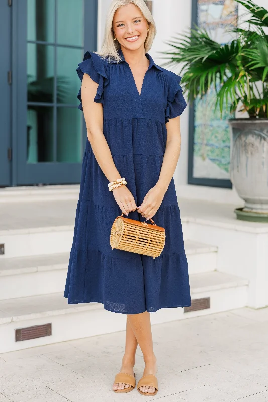 Midi dresses with V - necklines for a flattering and elongating effect Look You Up Navy Blue Ruffled Midi Dress Midi dresses with V - necklines for a flattering and elongating effect Look You Up Navy Blue Ruffled Midi Dress
