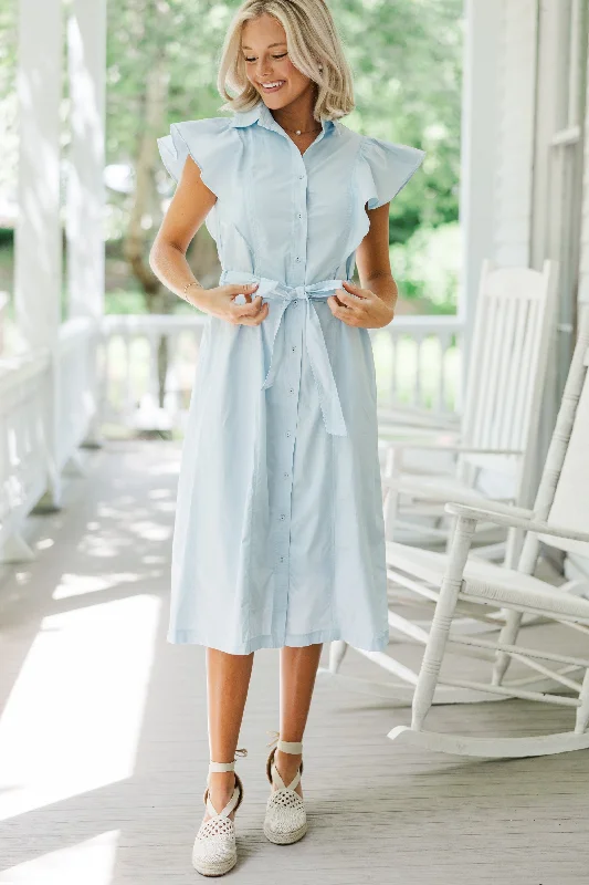 Midi dresses with ruffled bodices for a more pronounced feminine look Play Through Sky Blue Button Down Midi Dress Midi dresses with ruffled bodices for a more pronounced feminine look Play Through Sky Blue Button Down Midi Dress