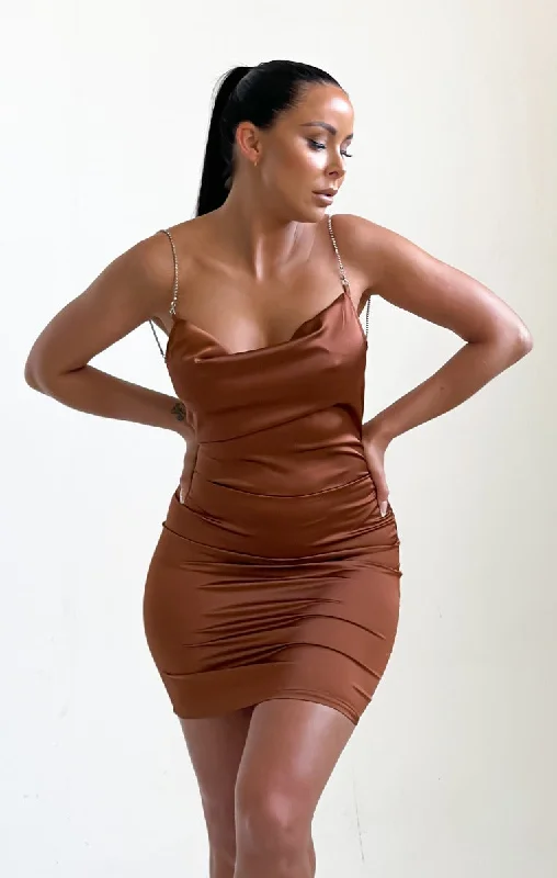 Mini dresses with geometric prints for a modern aesthetic Chocolate Satin Cross Over Back Diamante Mini Dress - Eva Mini dresses with geometric prints for a modern aesthetic Chocolate Satin Cross Over Back Diamante Mini Dress - Eva