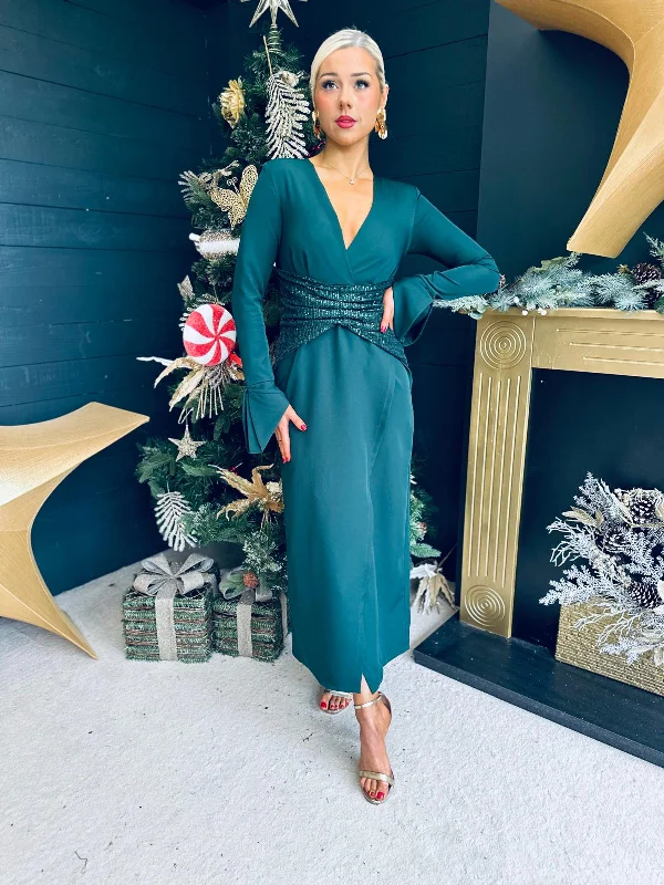 Midi dresses with puff sleeves for a vintage - inspired look Cassandra Sequin Detail Occasion Dress Forest Midi dresses with puff sleeves for a vintage - inspired look Cassandra Sequin Detail Occasion Dress Forest