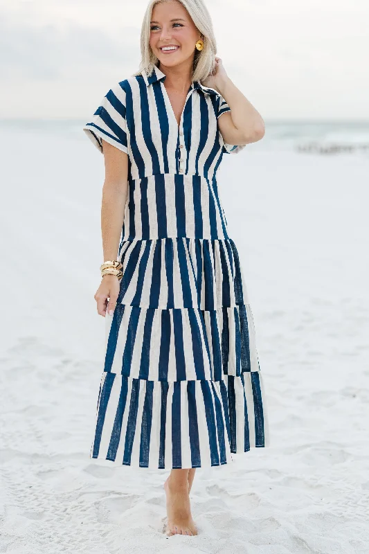 Midi dresses with pleated bodices for a classic and tailored look Search Your Heart Navy Blue Striped Midi Dress Midi dresses with pleated bodices for a classic and tailored look Search Your Heart Navy Blue Striped Midi Dress