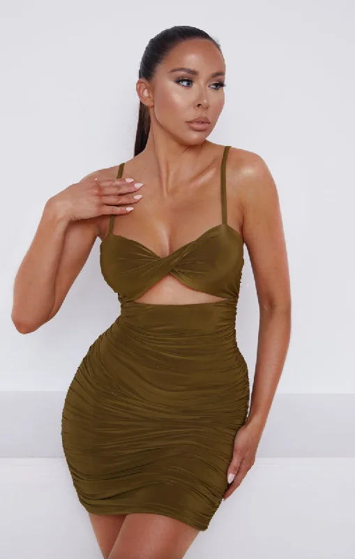 Velvet mini dresses for autumn weddings Olive Green Slinky Ruched Cut Out Strappy Bodycon Mini Dress - Mina Velvet mini dresses for autumn weddings Olive Green Slinky Ruched Cut Out Strappy Bodycon Mini Dress - Mina
