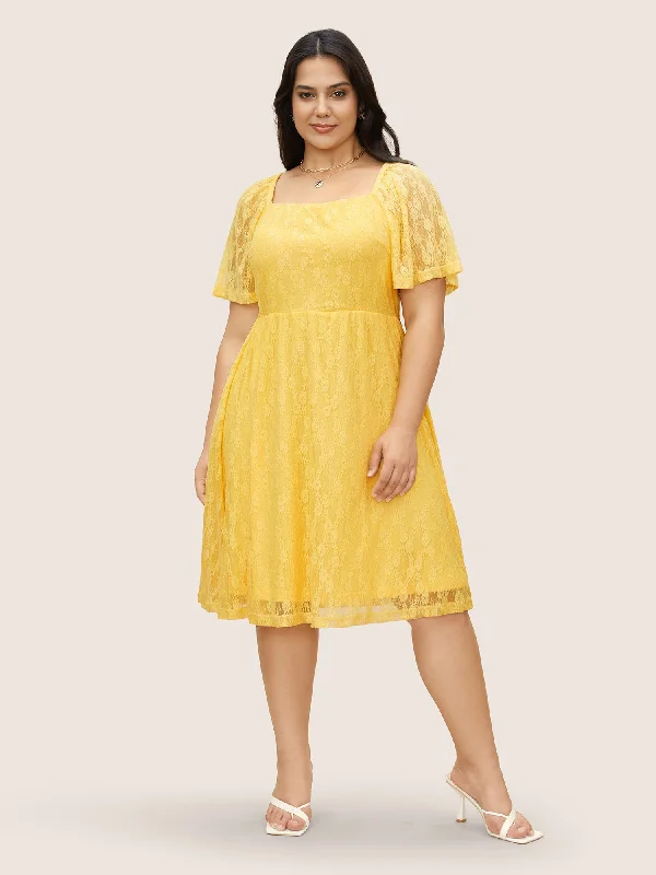 Midi dresses with bow accents for a sweet and charming look Crochet Lace Mesh Ruffle Sleeve Dress Midi dresses with bow accents for a sweet and charming look Crochet Lace Mesh Ruffle Sleeve Dress
