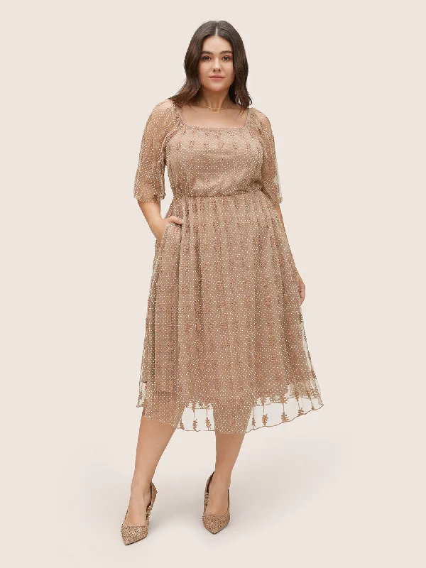 Plaid midi dresses for a fall - themed family gathering Square Neck Texture Embroidered Mesh Dress Plaid midi dresses for a fall - themed family gathering Square Neck Texture Embroidered Mesh Dress