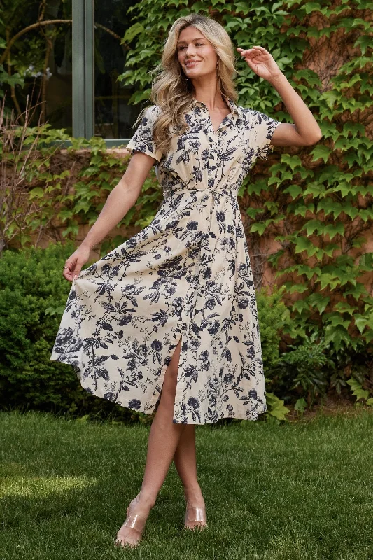 Midi dresses with cotton - blend materials for everyday comfort Lorna Midi Dress | Beige + Navy Print Midi dresses with cotton - blend materials for everyday comfort Lorna Midi Dress | Beige + Navy Print
