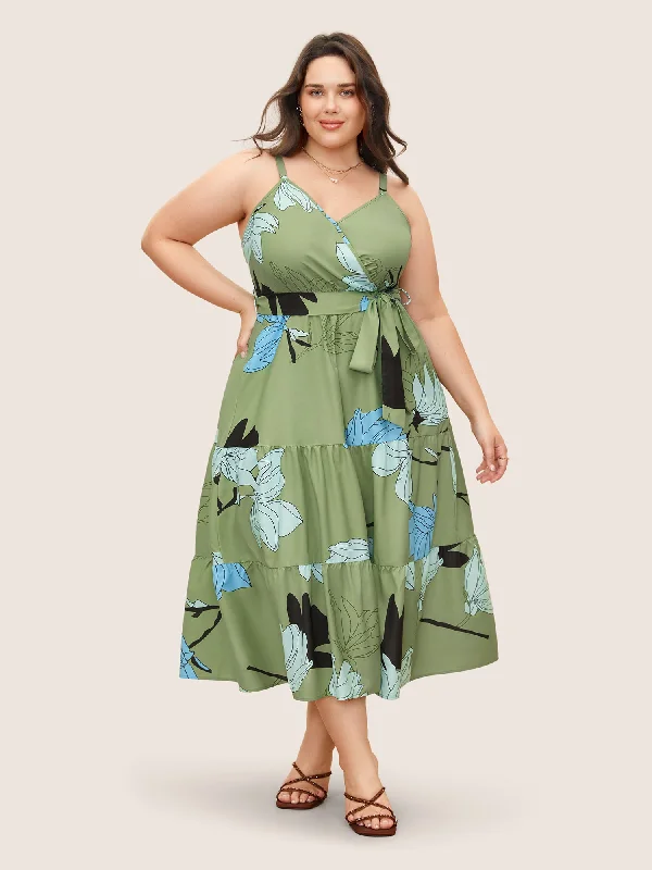 Midi dresses with off - the - shoulder necklines for a flirty look Floral Print Wrap Ruffle Layered Hem Cami Dress Midi dresses with off - the - shoulder necklines for a flirty look Floral Print Wrap Ruffle Layered Hem Cami Dress