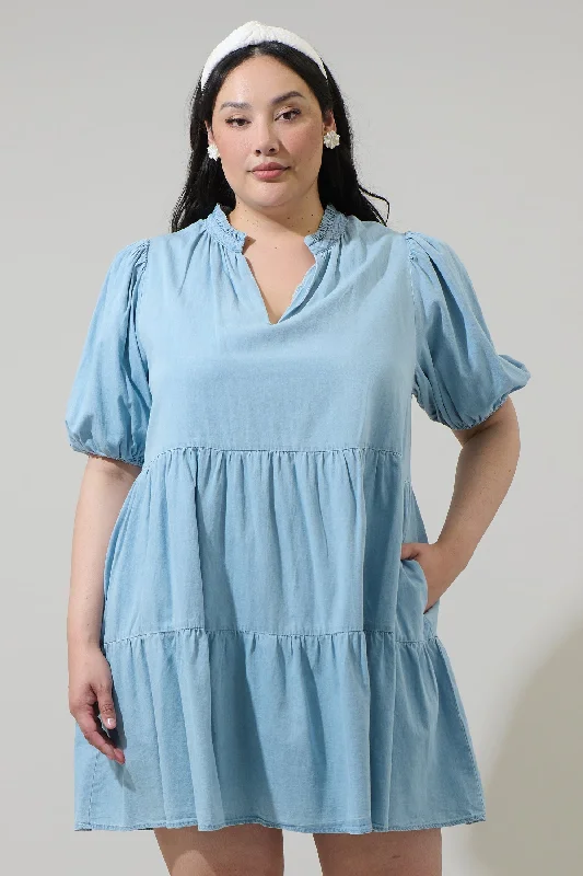 Mini dresses with ruched bodices for a feminine touch Haysville Jacey Babydoll Chambray Mini Dress Curve Mini dresses with ruched bodices for a feminine touch Haysville Jacey Babydoll Chambray Mini Dress Curve