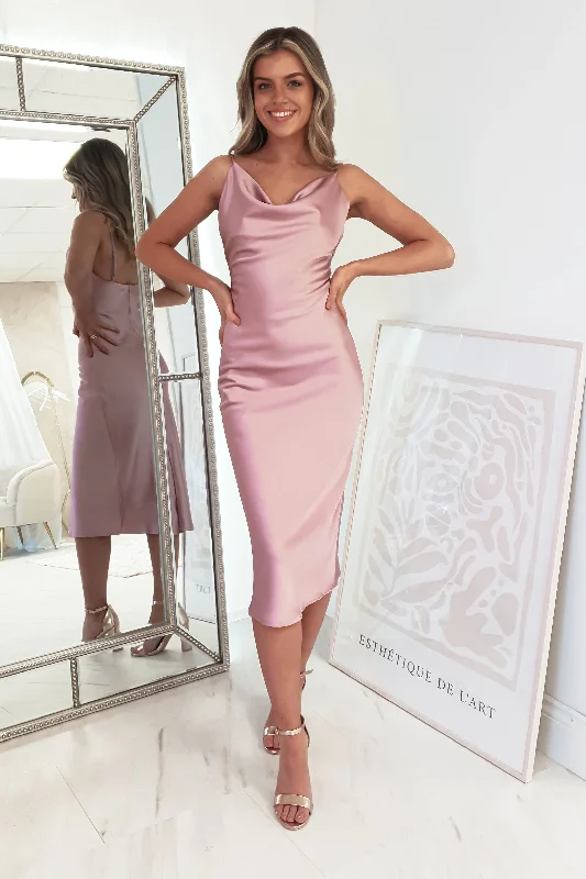 Midi dresses with V - necklines for a flattering and elongating effect Natalie Satin Cowl Neck Midi Dress | Mauve Midi dresses with V - necklines for a flattering and elongating effect Natalie Satin Cowl Neck Midi Dress | Mauve