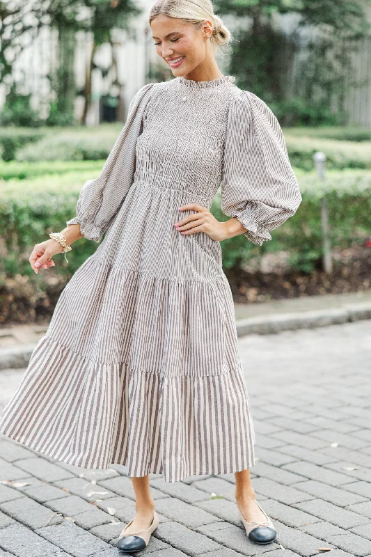 Midi dresses with metallic threads for a glamorous evening event Back To You Brown Striped Midi Dress Midi dresses with metallic threads for a glamorous evening event Back To You Brown Striped Midi Dress