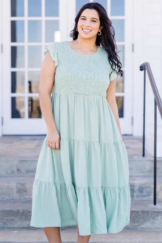 Maxi - inspired midi dresses with flowing fabrics for a beachy vibe Our Sweet Memories Dress, Sage Maxi - inspired midi dresses with flowing fabrics for a beachy vibe Our Sweet Memories Dress, Sage