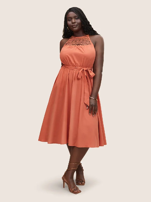 Midi dresses with lace - up fronts for a unique and adjustable style Supersoft Essentials Halter Lace Panel Belted Dress Midi dresses with lace - up fronts for a unique and adjustable style Supersoft Essentials Halter Lace Panel Belted Dress