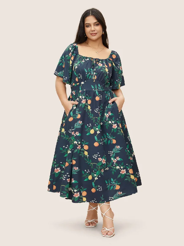 High - low midi dresses with geometric patterns for a modern party Citrus Orange Print Square Neck Gathered Drawstring Dress High - low midi dresses with geometric patterns for a modern party Citrus Orange Print Square Neck Gathered Drawstring Dress