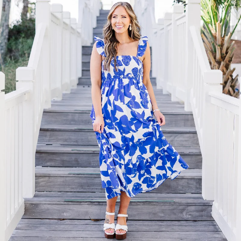 Midi dresses with gathered skirts for a full and flowing silhouette Ode To The Summer Dress, Royal Blue Midi dresses with gathered skirts for a full and flowing silhouette Ode To The Summer Dress, Royal Blue